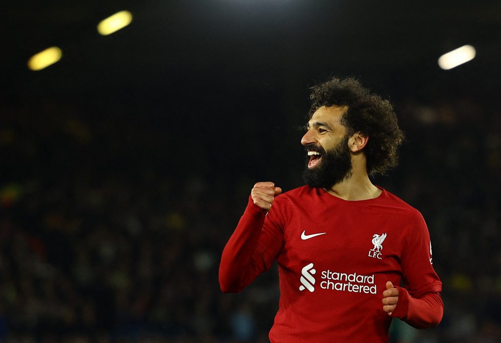 Soccer Football - Premier League - Leeds United v Liverpool - Elland Road, Leeds, Britain - April 17, 2023 Liverpool's Mohamed Salah celebrates scoring their fourth goal REUTERS/Molly Darlington EDITORIAL USE ONLY. No use with unauthorized audio, video, data, fixture lists, club/league logos or 'live' services. Online in-match use limited to 75 images, no video emulation. No use in betting, games or single club /league/player publications.  Please contact your account representative for further details.