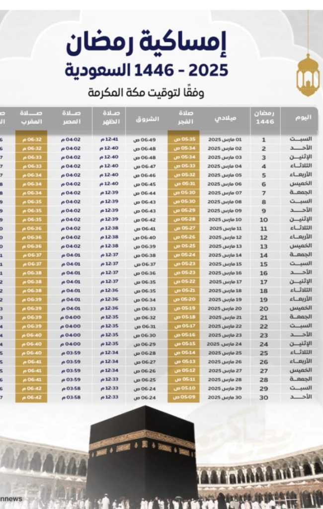 إمساكية السعودية وفقًا لتوقيت مكة المكرمة